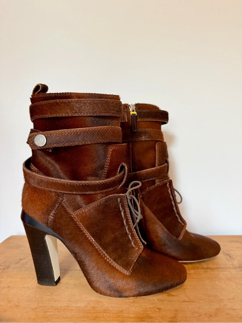 Fendi Brown Leather and Pony Hair Lace-Up Heeled Ankle Boots